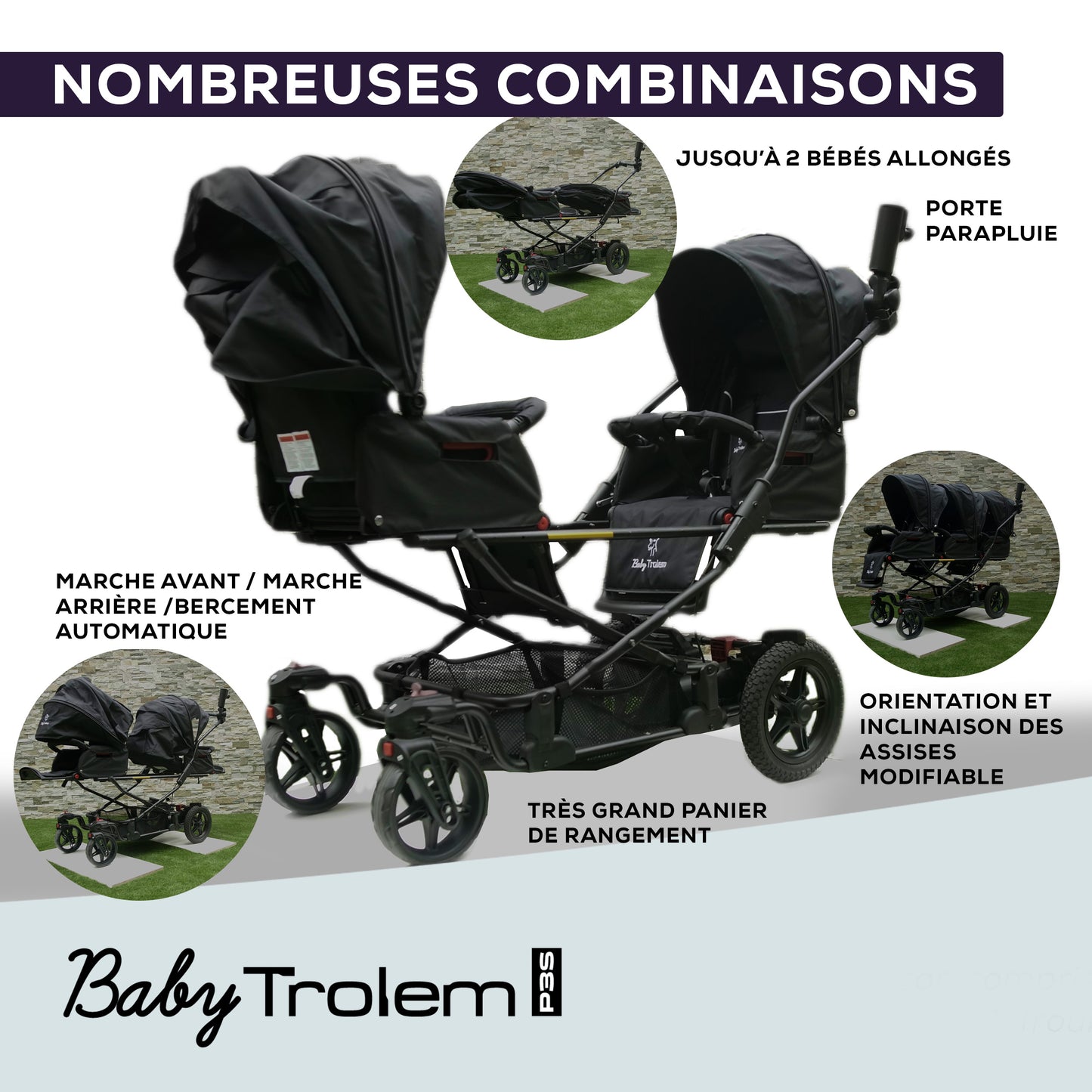 Poussette Électrique Pliable et modulable 2 & 3 Places - Poussette Bébé Triplés 0 à 4 ans - Avec Moteur Électrique & Batterie Rechargeable - Frein Parking - Écran de contrôle - P3S