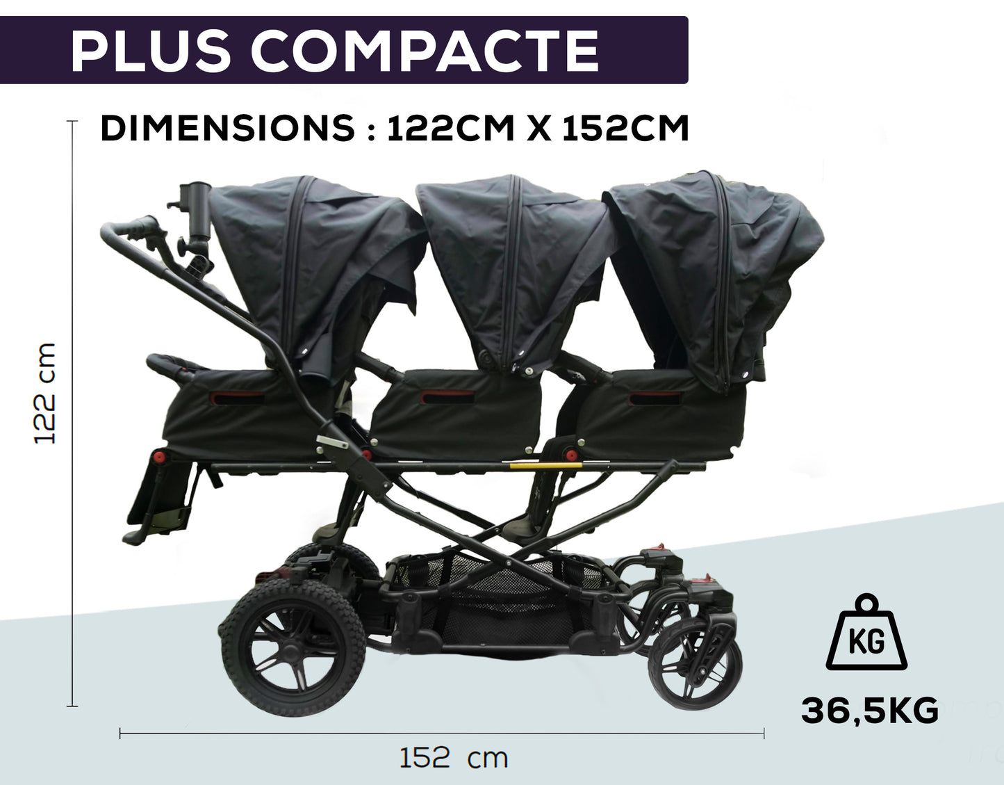 Poussette Électrique Pliable et modulable 2 & 3 Places - Poussette Bébé Triplés 0 à 4 ans - Avec Moteur Électrique & Batterie Rechargeable - Frein Parking - Écran de contrôle - P3S